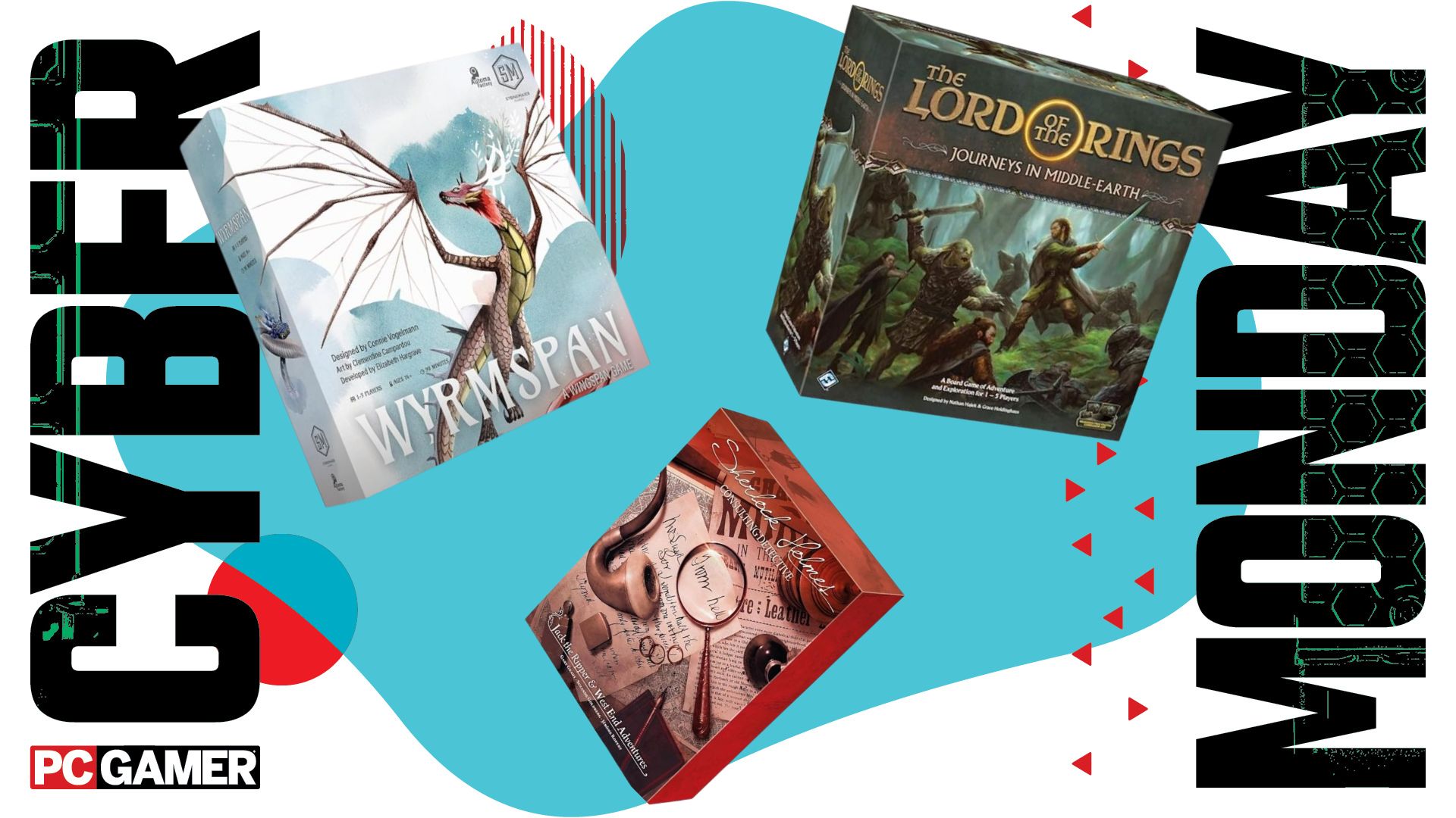 Wyrmspan, Sherlock Holmes, and Lord of the Rings board games on a blue background