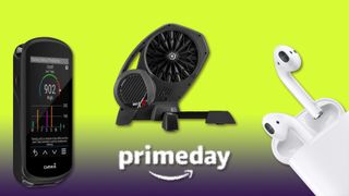 A Garmin, an Elite trainer, and some Airpods overlaid on a purple and lime background with the Prime Day logo in the centre