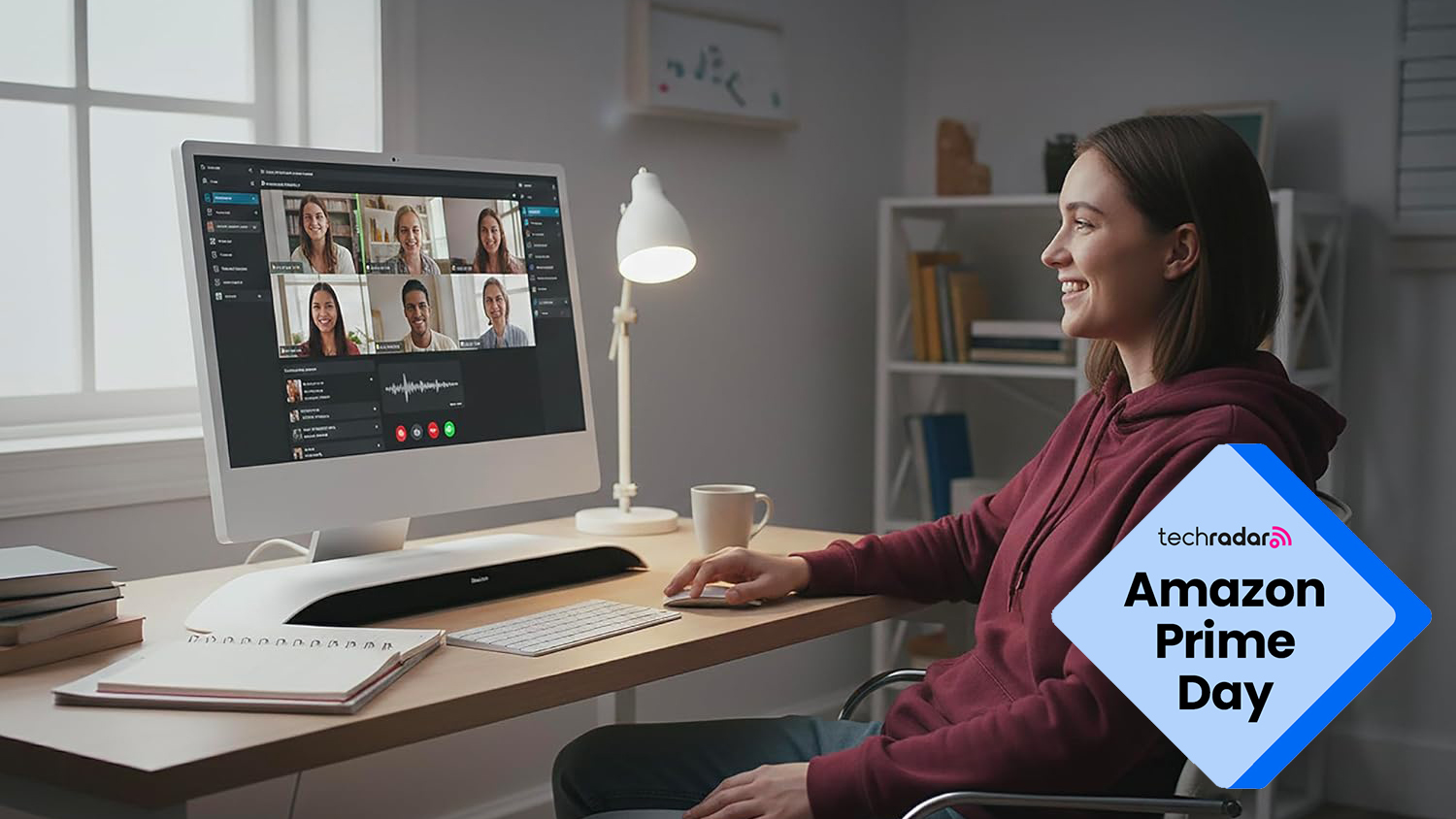 A woman at her desk in a video call with colleagues