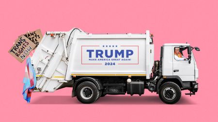 Illustration of Donald Trump driving a garbage truck filled with pro-trans placards and flags