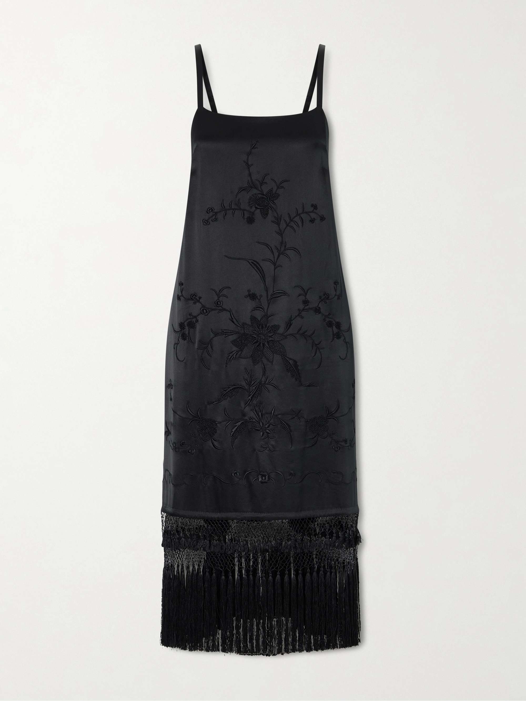 Fringed Embroidered Silk-Satin Midi Dress