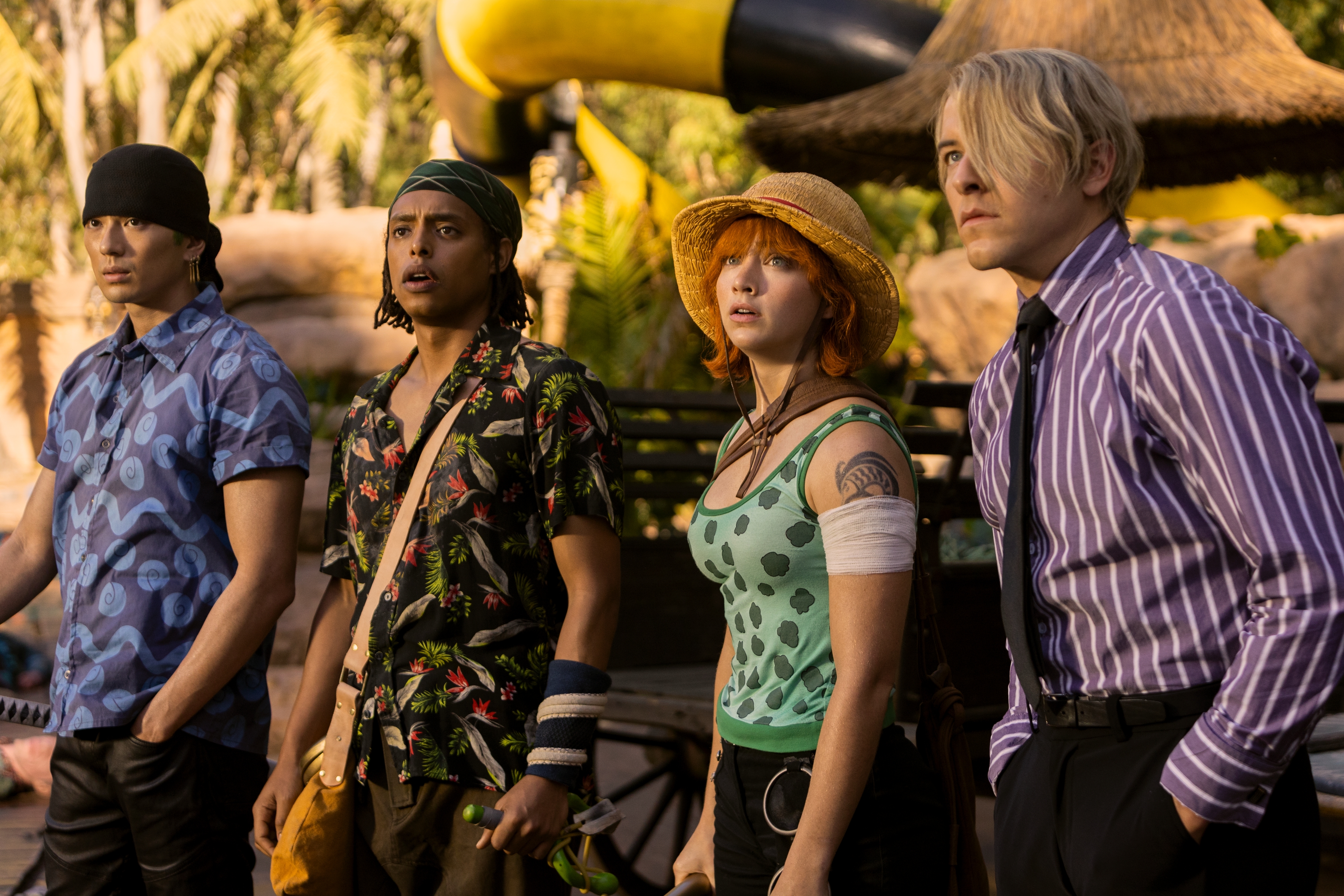 Mackenyu Arata as Roronoa Zoro, Jacob Romero Gibson as Usopp, Emily Rudd as Nami, Taz Skylar as Sanji in season 1 of One Piece