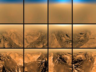 Series of images taken by the Huygens probe as it descended to the surface of Saturn’s smoggy moon, Titan.