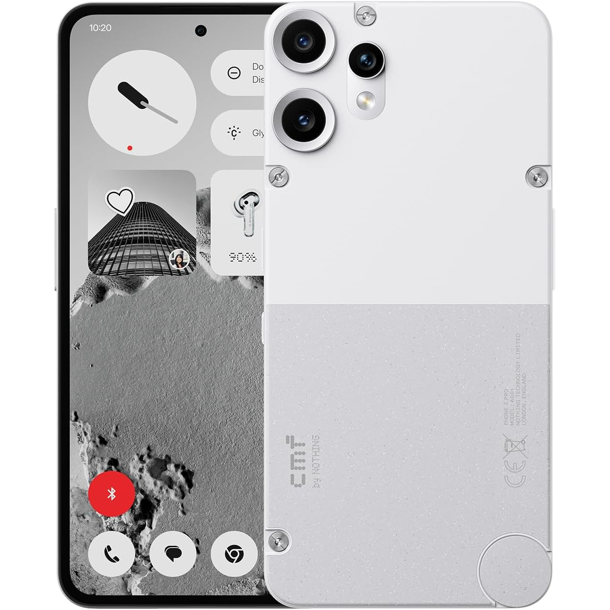 CMF Phone 2 Pro in white front and back showing home screen and monochrome interface