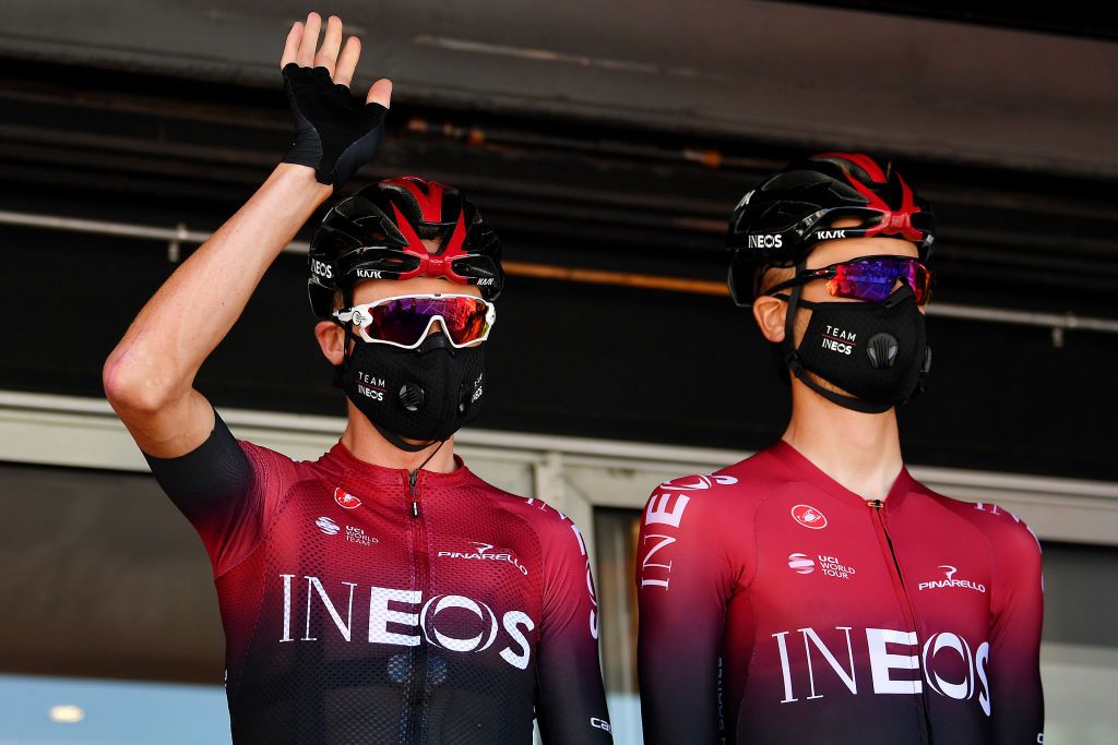 BEZIERS FRANCE AUGUST 01 Start Christopher Froome of The United Kingdom Dylan Van Baarle of The Netherlands and Team Ineos Covid Safe measures Team Presentation during the 44th La Route dOccitanie La Depeche du Midi 2020 Stage 1 a 187km stage from Saint Affrique to Cazouls ls Bziers RouteOccitanie RDO2020 on August 01 2020 in Beziers France Photo by Justin SetterfieldGetty Images
