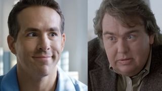 Ryan Reynolds in blue and grinning, John Candy looking serious in Cool Runnings.