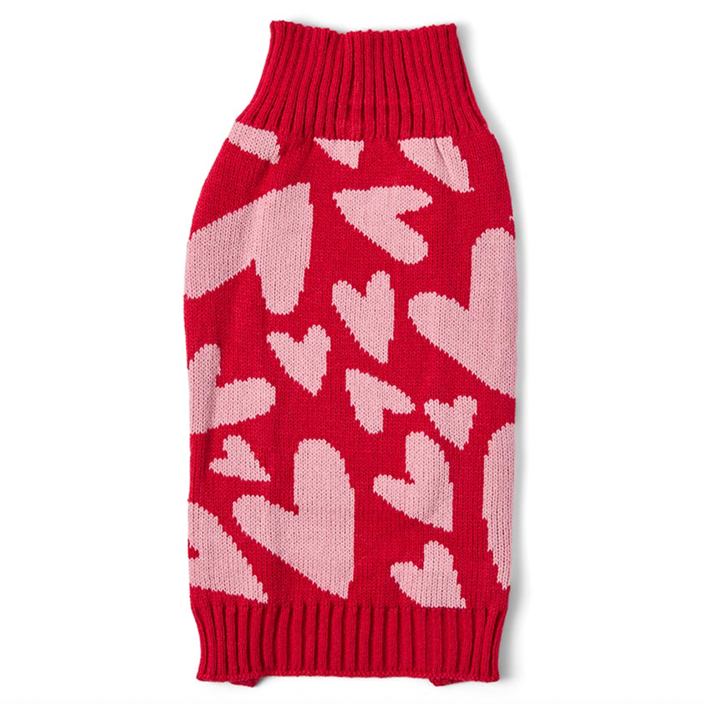 Knitted red dog jumper with pink hearts