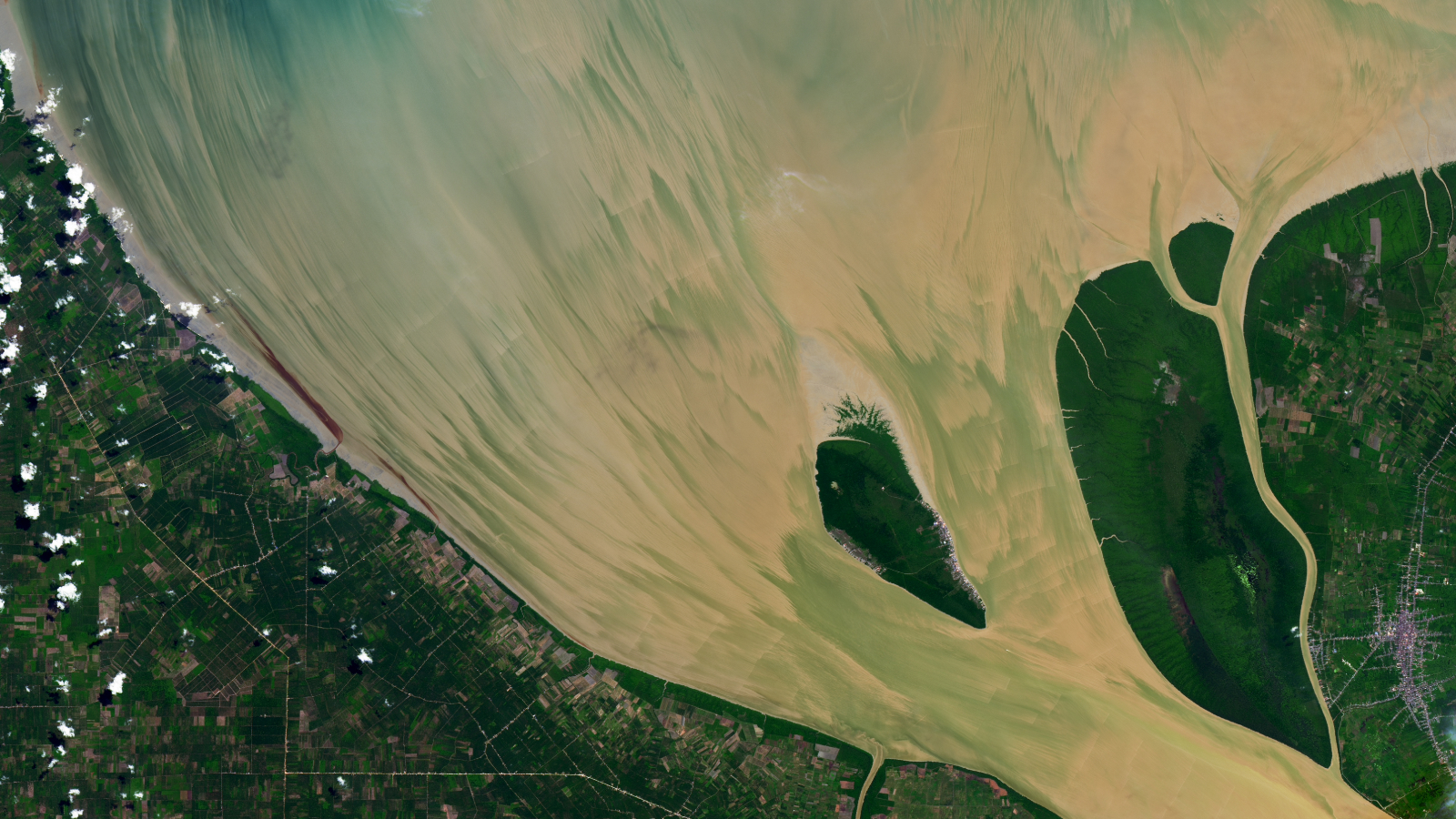 A satellite photo of the mouth of a muddy estuary showing brushstroke-like patterns in the water