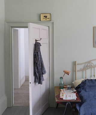 Farrow & Ball's Mizzle in a bedroom