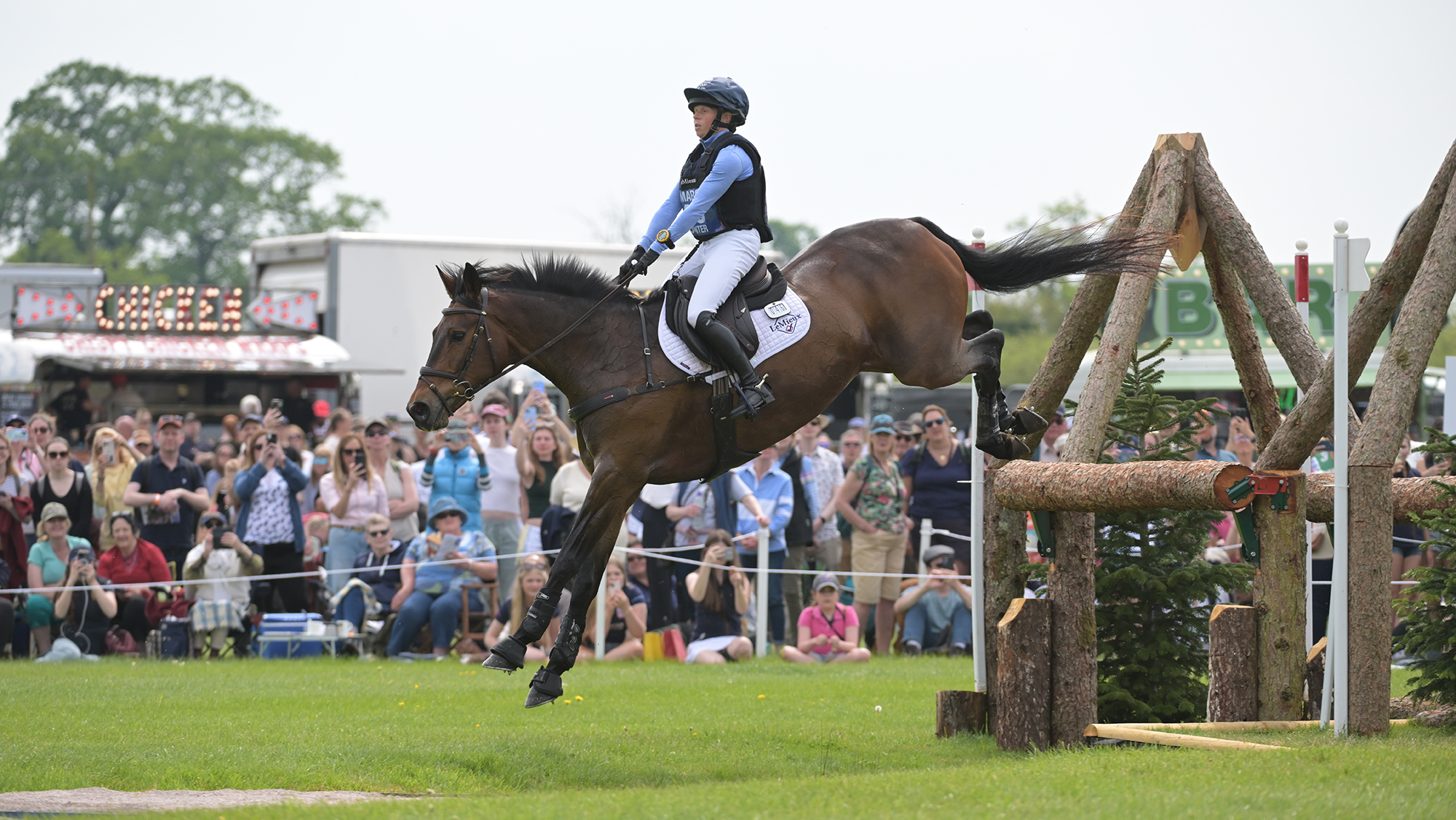 Ros Canter and Lordships Graffalo jump a cross-country fence at Badminton Horse Trials.