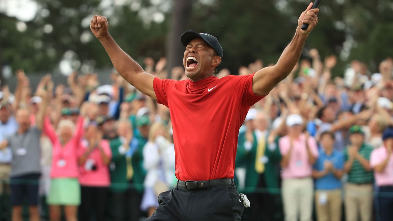 Tiger Woods celebrates winning the 2019 Masters