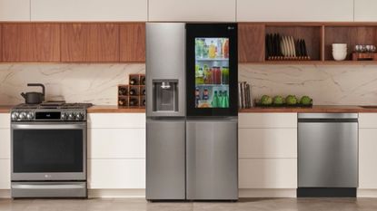 One of the best refrigerators, an LG Side-by-Side refrigerator, in a modern kitchen with other appliances. One side is filled up with drinks bottles