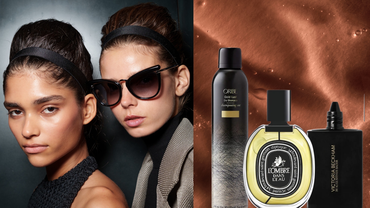 two models with glowing skin and black headbands next to a copper background with a bottle of hair texturizer, perfume, and foundation