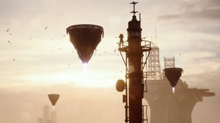 Arc Raiders Turbines: Three Turbine enemies hovering next to a large tower with a player standing on it.