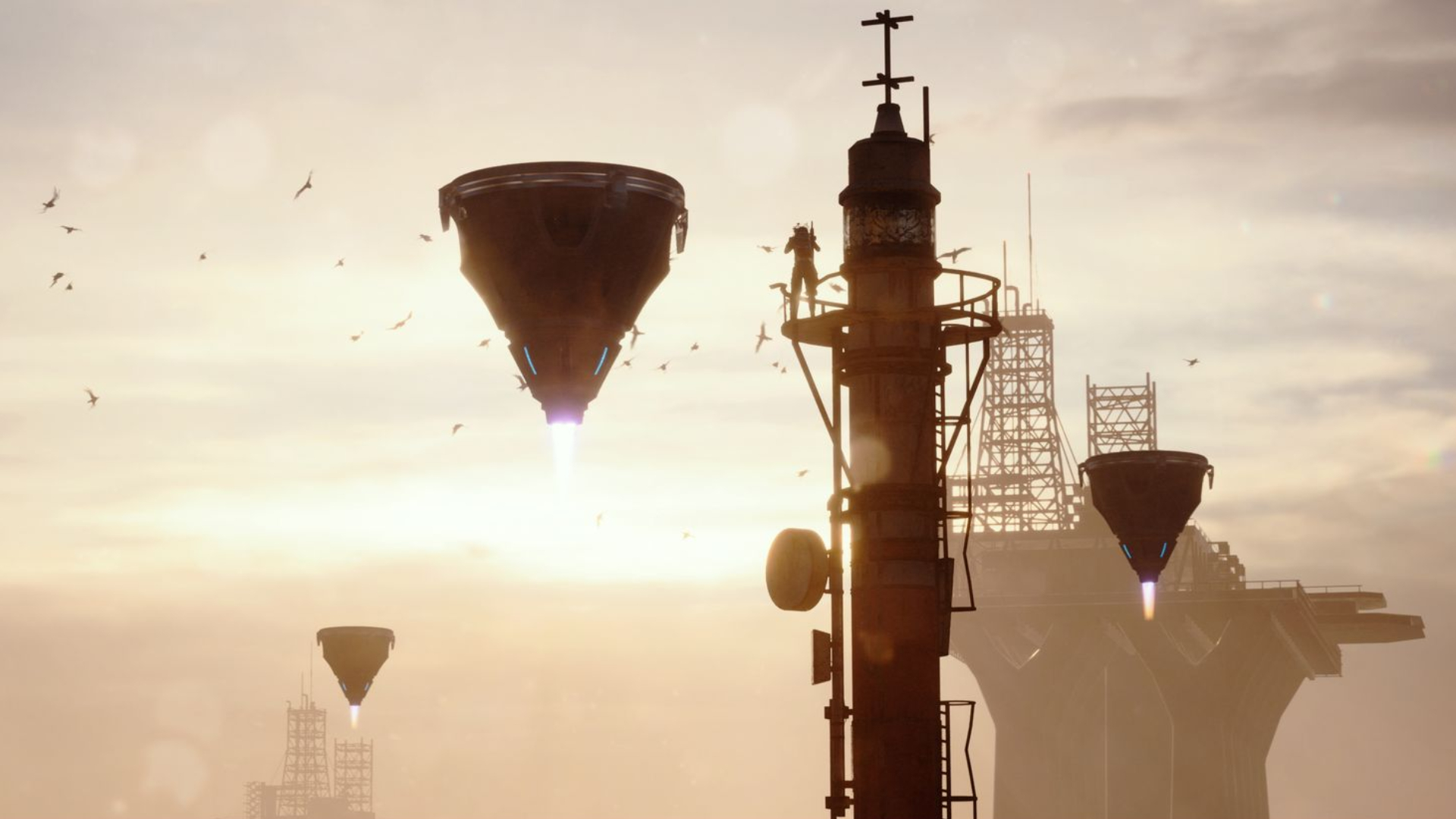 Arc Raiders Turbines: Three Turbine enemies hovering next to a large tower with a player standing on it.