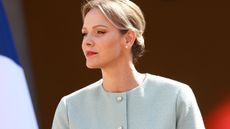 Princess Charlene of Monaco is seen as french President Emmanuel Macron and his wife Brigitte Macron are welcomed upon their arrival for a two-day state visit at the Prince Albert II of Monaco Palace ahead of the Unoc3 on June 7, 2025