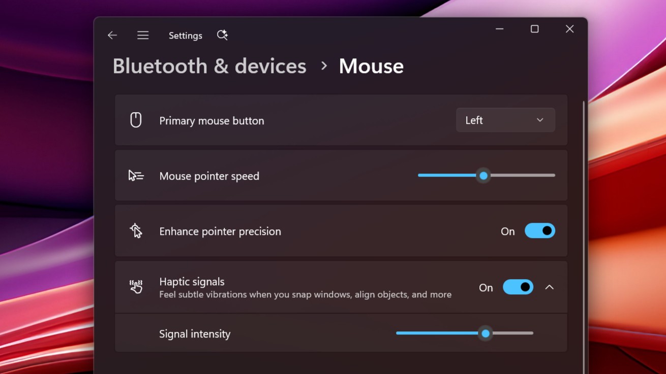 Windows 11 Haptic Signal toggle in Windows Settings