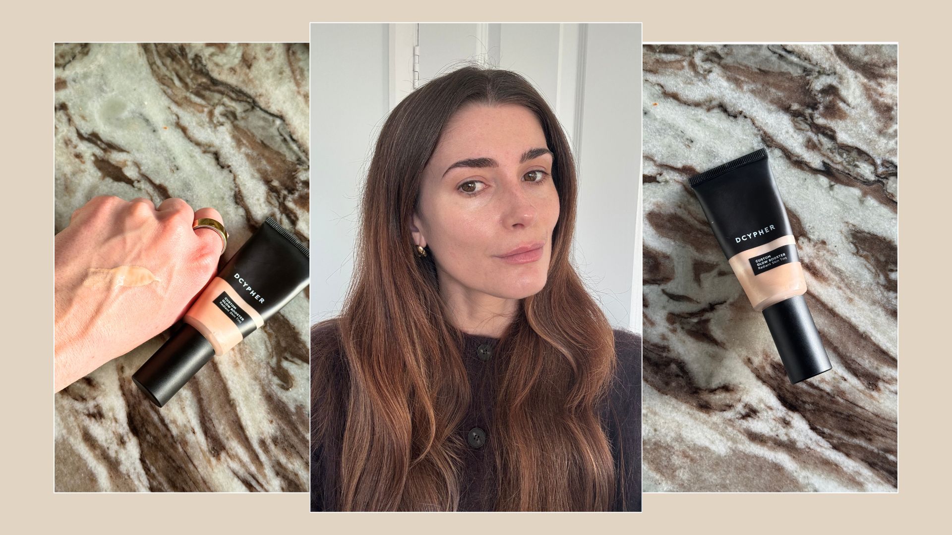 A collage of beauty editor Eleanor Vousden testing the Dcypher Custom Glow Booster