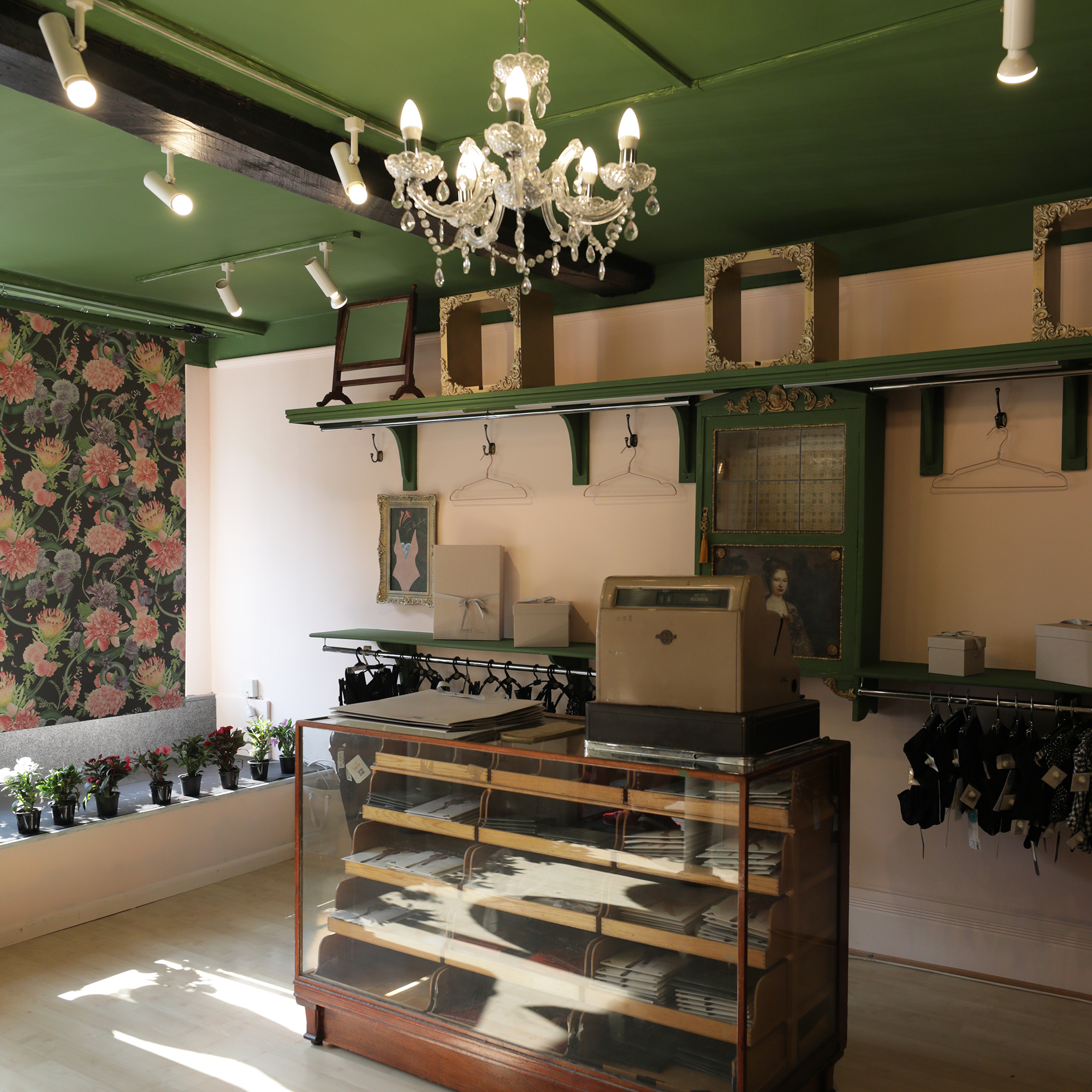 Green shop with pink walls