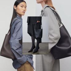 Collage of women wearing The Row's N/S Park Tote 