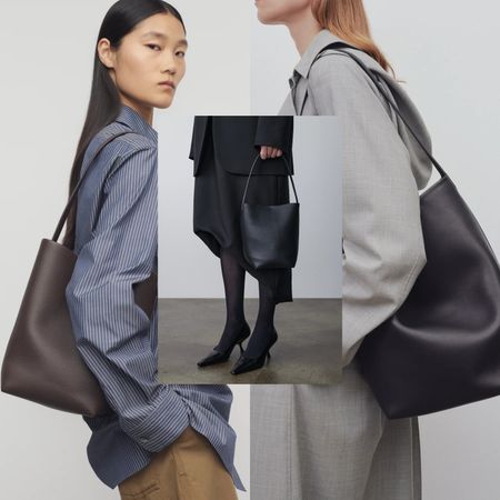 Collage of women wearing The Row's N/S Park Tote 