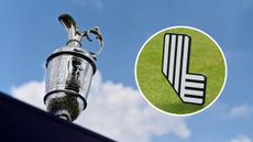 Main image of the Claret Jug from a lower view with an inset photo of a LIV Golf tee marker (right)