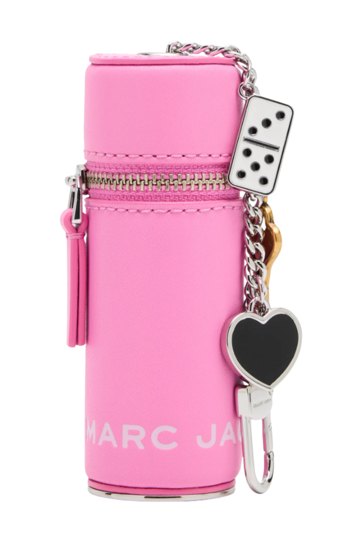a pink lipstick case with silver and black heart charms
