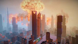 a nuclear mushroom cloud blooms over a sci-fi city in Heart of the Machine