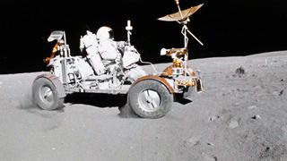 NASA astronaut Charles Duke filmed Commander John Young as Young drove the Lunar Roving Vehicle, in footage shot on April 21, 1972 during the fifth day of the Apollo 16 moon landing. 
