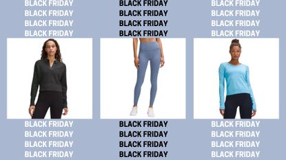 Lululemon sale products, including Wunder Train leggings, a long-sleeve Swifty tech t-shirt, and merino jumper