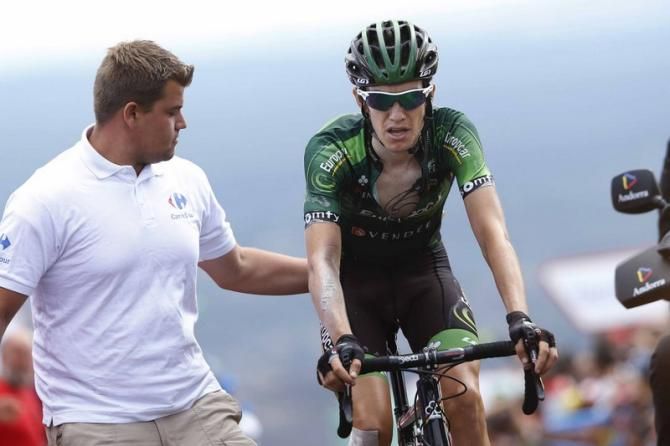 Romain Sicard (Europcar) gets a push after crossing the line