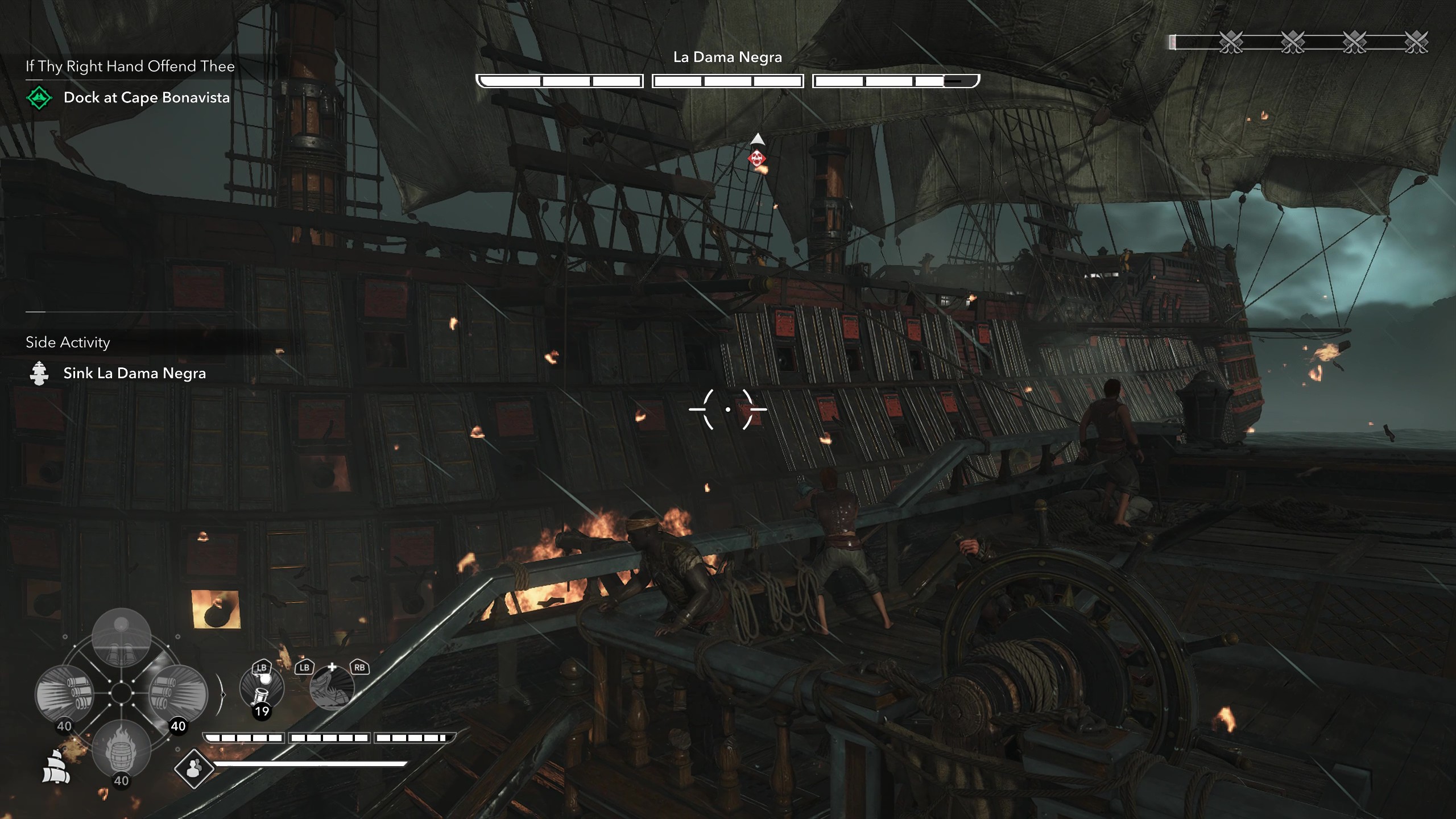 Gameplay of naval combat showing the player aiming at the armoured hull of La Dama Negra.