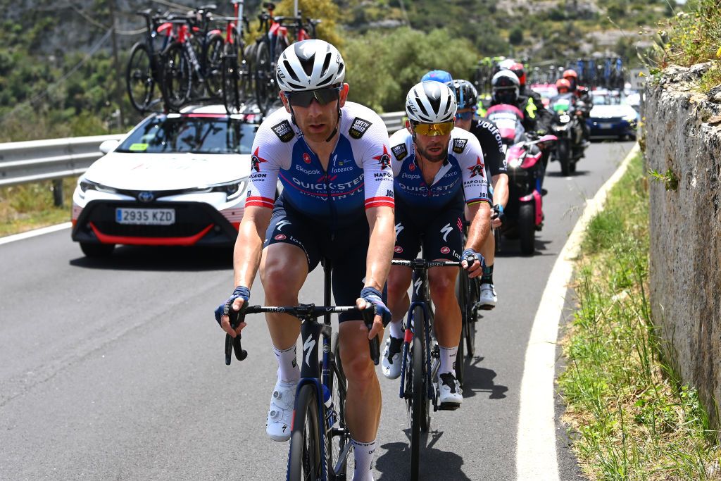 ETNA PIAZZALE RIFUGIO SAPIENZA ITALY MAY 10 LR Michael Morkov of Denmark and Mark Cavendish of United Kingdom and Team QuickStep Alpha Vinyl compete during the 105th Giro dItalia 2022 Stage 4 a 172km stage from Avola to Etna Piazzale Rifugio Sapienza 1899m Giro WorldTour on May 10 2022 in Etna Piazzale Rifugio Sapienza Italy Photo by Tim de WaeleGetty Images