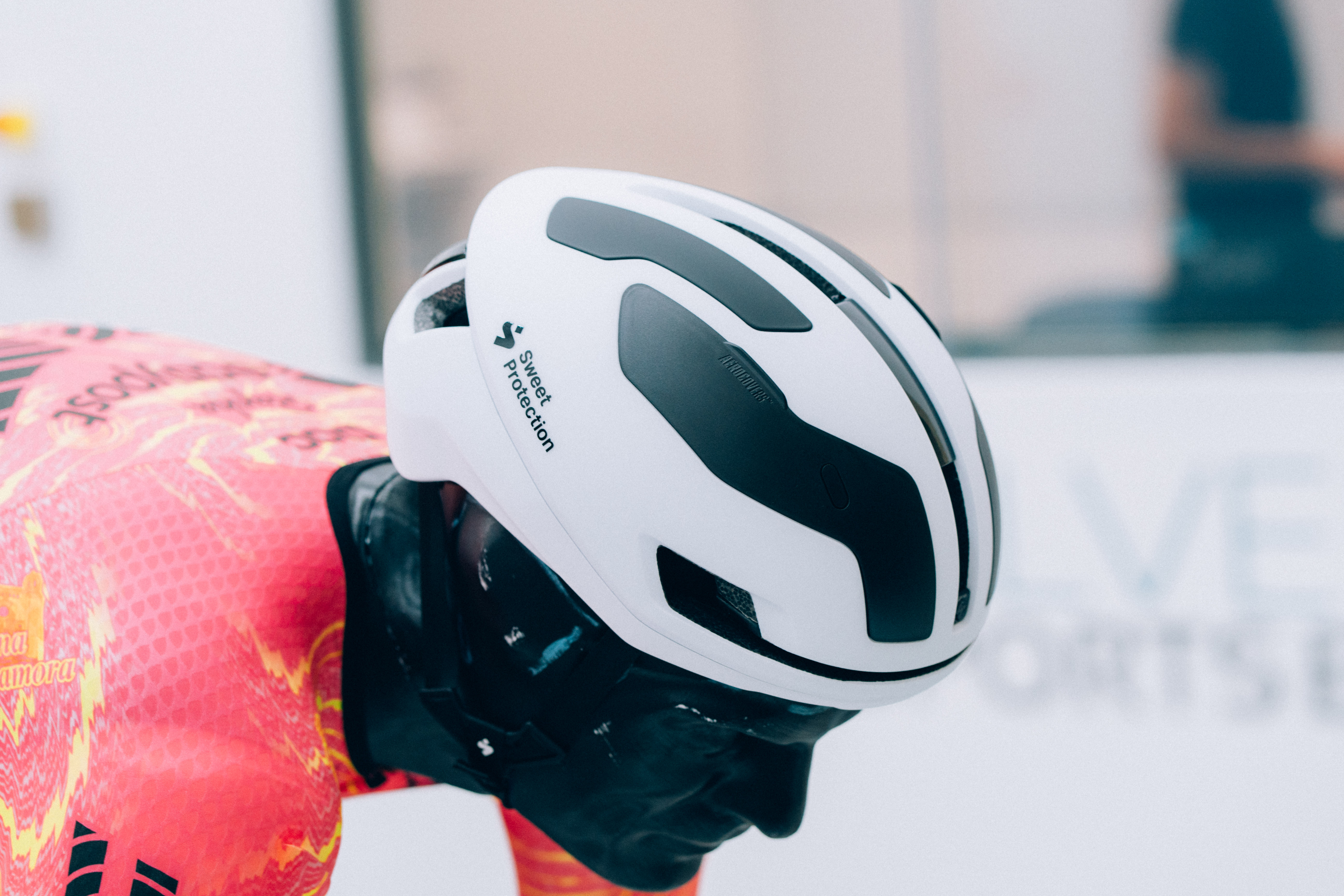 A close up of helmets being tested in the wind tunnel