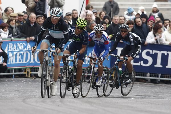 Fabian Wegmann (Leopard - Trek),Andrey Amador Bakkazakova (Movistar) and Davide Malacarne (QuickStep) near the finish