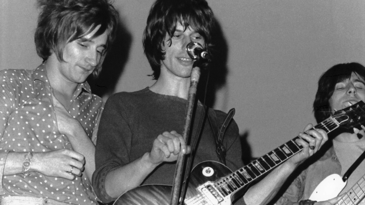 The Jeff Beck Group - L-R: Rod Stewart, Jeff Beck, Ron Wood (Ronnie Wood) performing live onstage at the Shrine Auditorium
