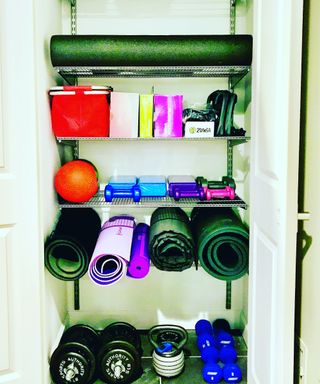 Home gym storage shelving in a closet