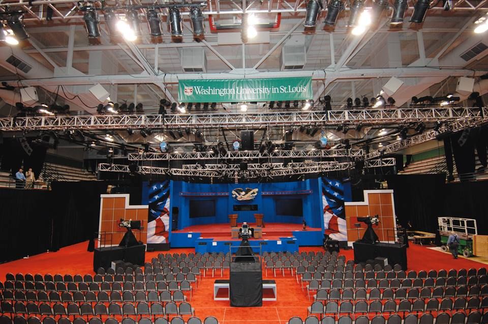 The debate stage at Washington University in St. Louis.