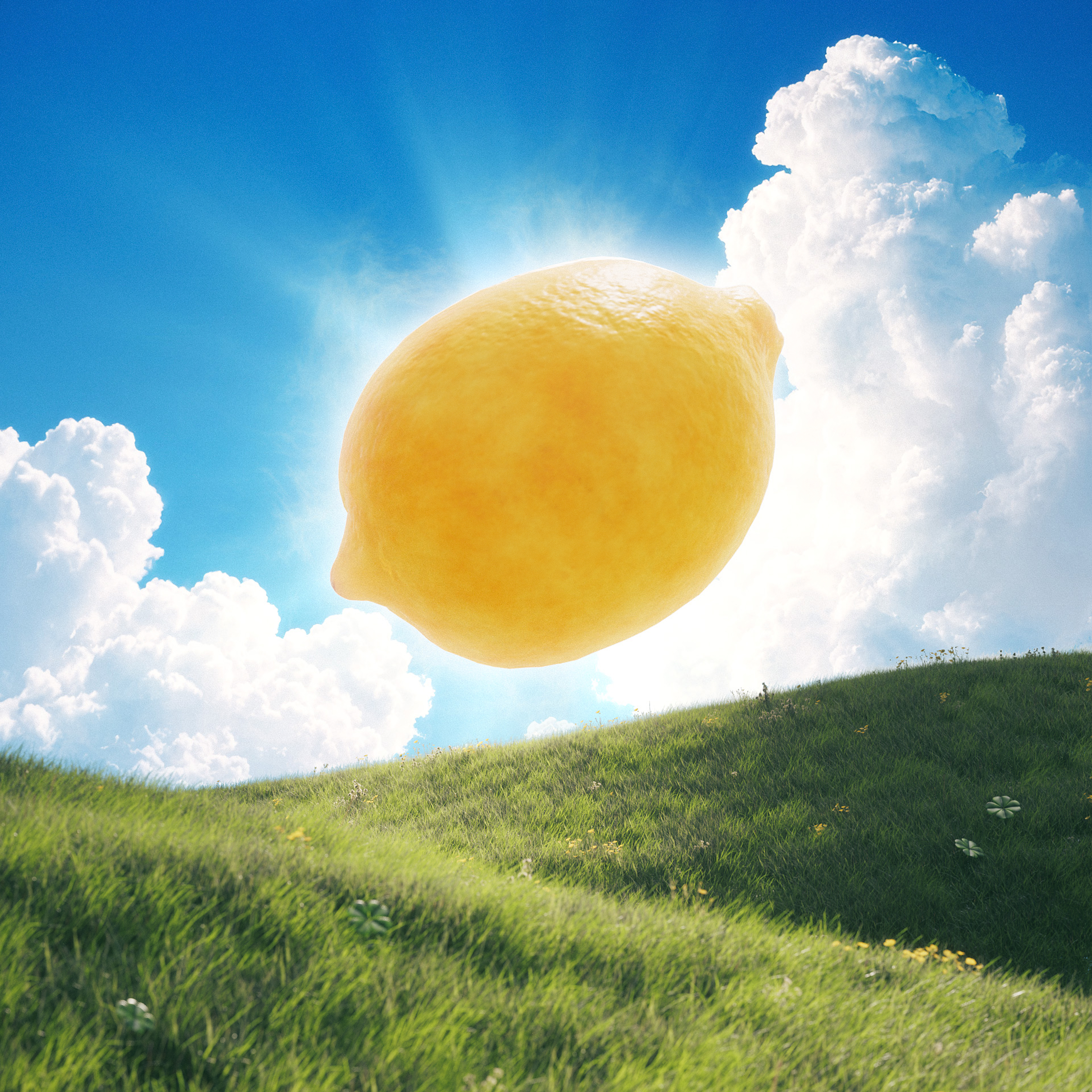 A lemon floats in front of the sun in a cloudy blue sky above green grassy hills, in the album artwork for Hearts2Hearts' Lemon Tang mini-album.