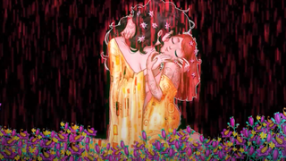 Two women embracing covered in blood rain