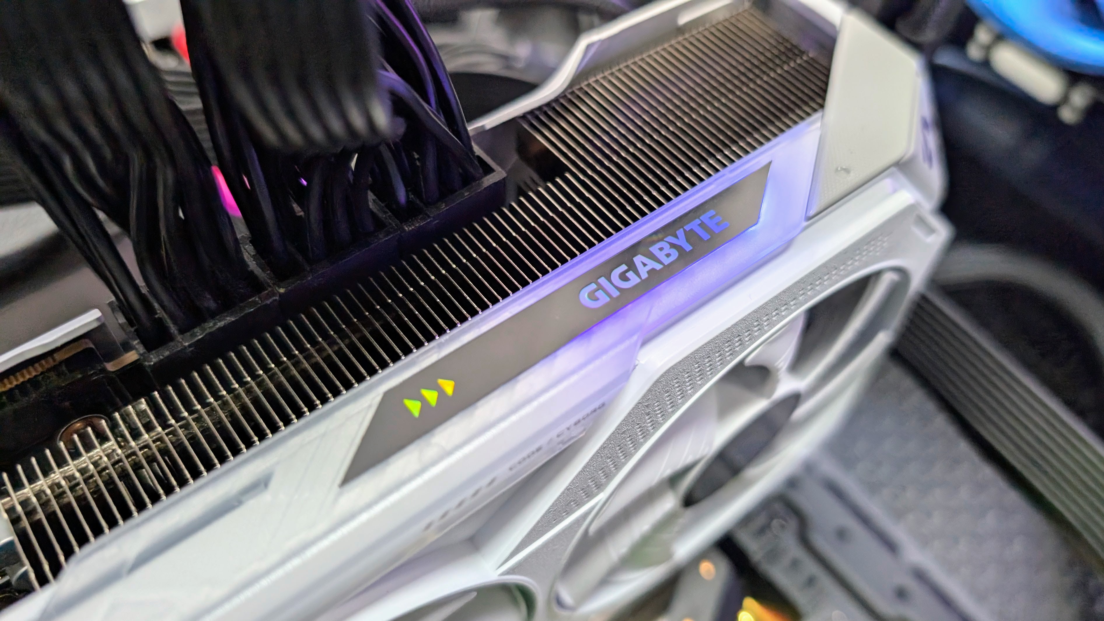 Gigabyte Radeon RX 9070 XT Gaming OC Ice 16GB close up of LED panel closed