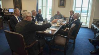 Vice President Mike Pence meets with Pentagon officials Aug. 9, 2018.