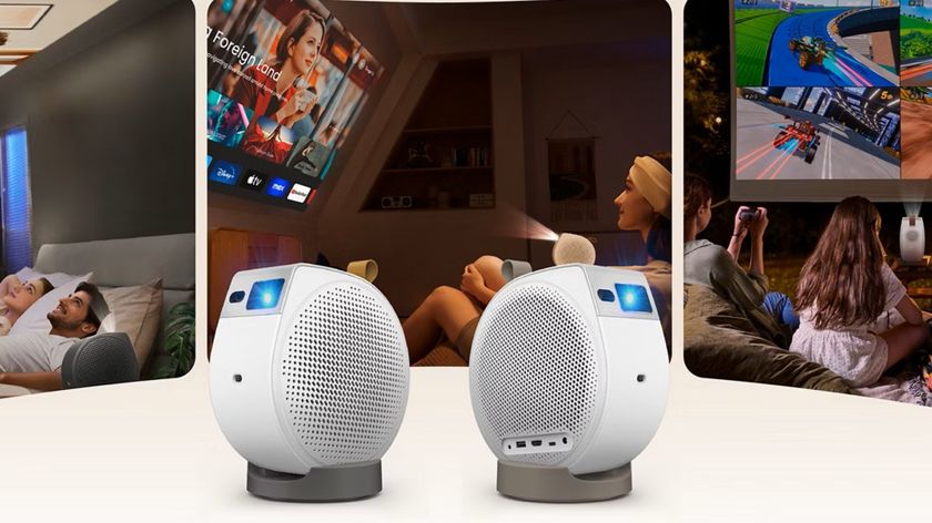 The BenQ GV32 projector on a white background with various scenarios as the background.