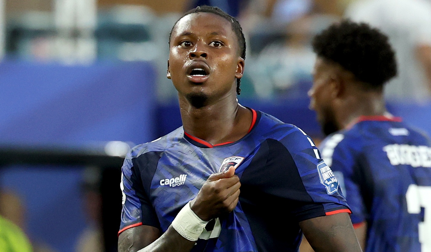 Sidny Lopes Cabral of Cabo Verde celebrates scoring his team's second goal in the FIFA World Cup 2026 Round Of 32 match against Argentina at Miami Stadium on July 03, 2026 in Miami Gardens, Florida