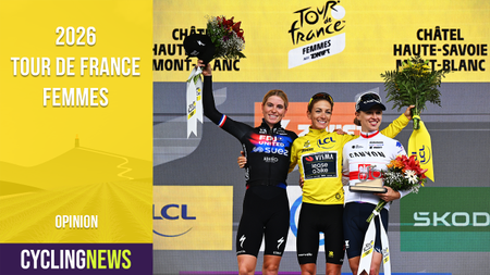 Cyclingnews caoursel banner for Tour de France Femmes, showing final podium from 2025 edition