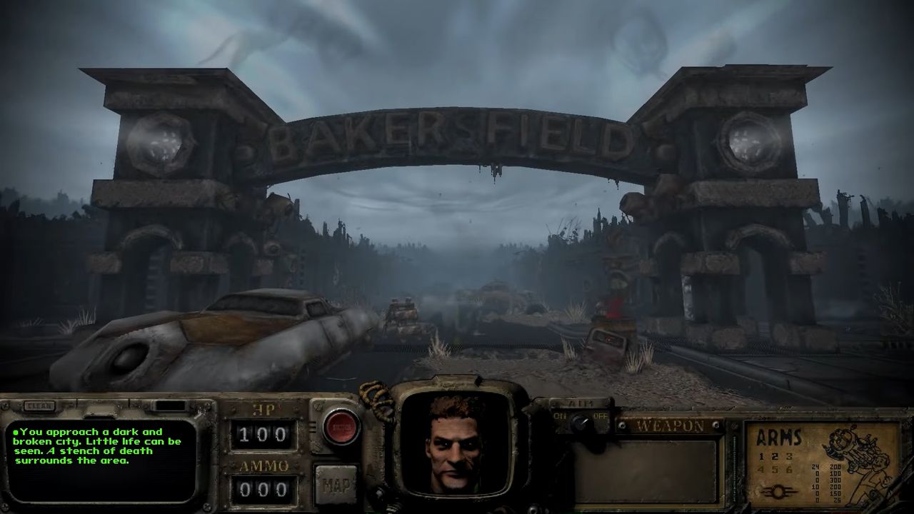 Fallout Bakersfield gameplay showing iconic Bakersfield arch with "Bakersfield" written on it