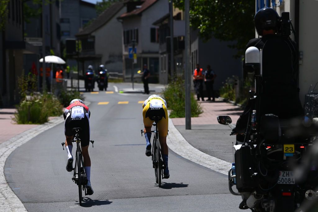VADUZ SWITZERLAND JUNE 19 Clara Koppenburg of Germany and Cofidis Women Team Black Points Jersey and Lucinda Brand of The Netherlands and Team Trek Segafredo Yellow Leader Jersey sprint during the 2nd Tour de Suisse Women 2022 Stage 2 a 256km individual time trial stage from Vaduz to Vaduz ITT ourdesuisse2022 on June 19 2022 in Vaduz Switzerland Photo by Tim de WaeleGetty Images