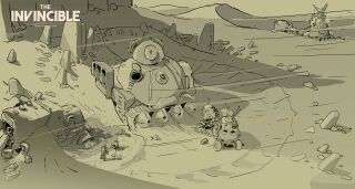 Making The Invincible; a sketch of a 1950s vision of a sci-fi planet and rover