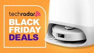 Roborock Qrevo Curv robot vacuum next to TechRadar Black Friday deals graphic