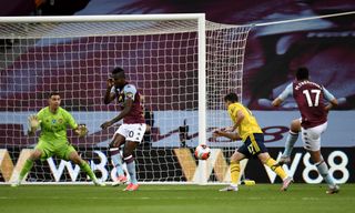 Aston Villa’s Trezeguet celebrates scoring against Arsenal